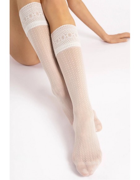 Sosete albe fine cu model geometric si banda din dantela - Fiore Bravo
