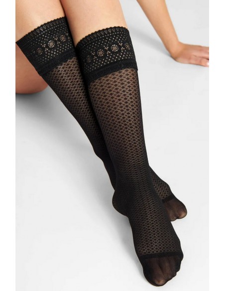 Sosete negre fine cu model geometric si banda din dantela - Fiore Bravo