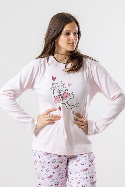 Pijama dama din bumbac si imprimeu cu pisici