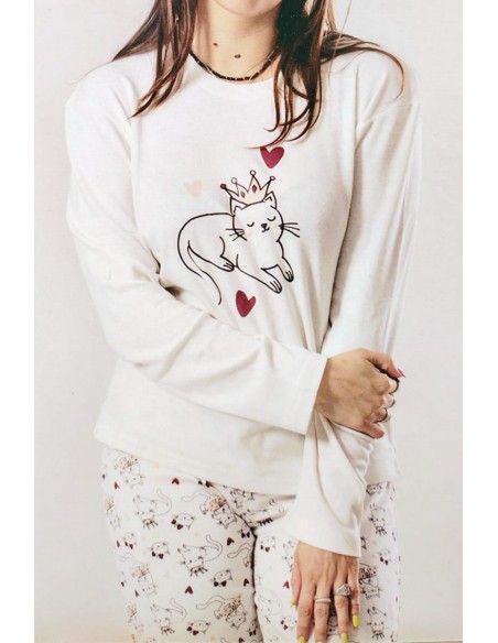 Pijama alba de dama si imprimeu cu pisici