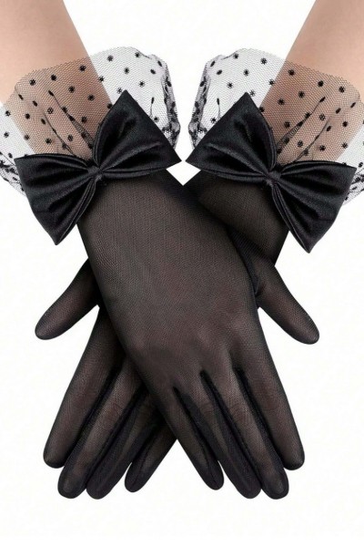 Manusi din tulle cu funda satinata si model cu puncte