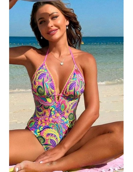 Costum de baie intreg cu decolteu adanc si model abstract - Wanda