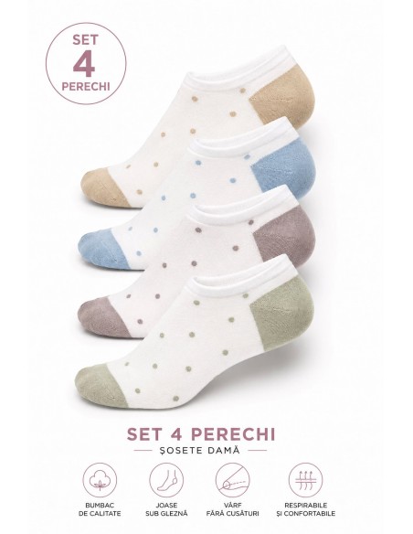 Set profesional 4 perechi sosete dama din bumbac, joase, fara cusaturi, culori pastel