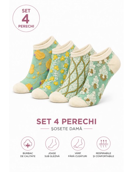 Set 4 perechi sosete dama din bumbac, joase, respirabile, cu modele florale.