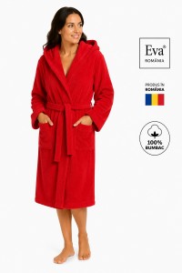 Halat de baie dama rosu 100% bumbac cu gluga Eva Romania