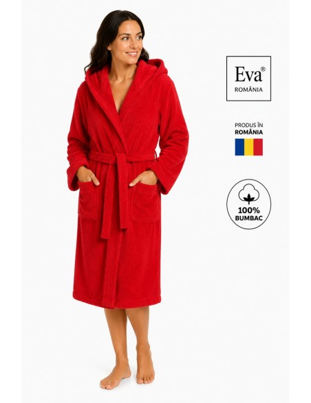 Halat de baie dama rosu 100% bumbac cu gluga Eva Romania