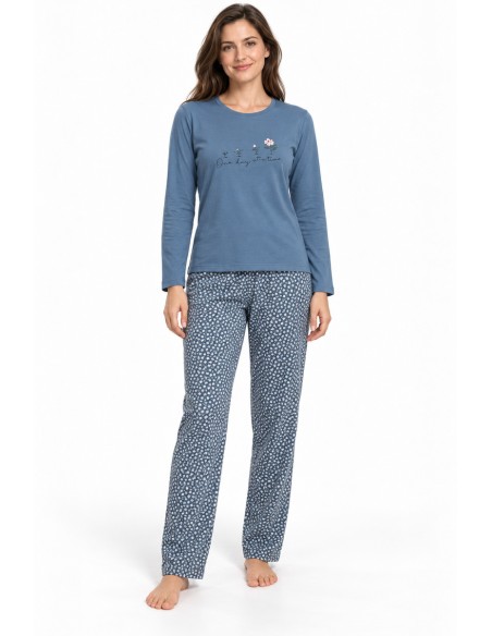 Pijama dama albastra din bumbac cu pantaloni lungi si imprimeu