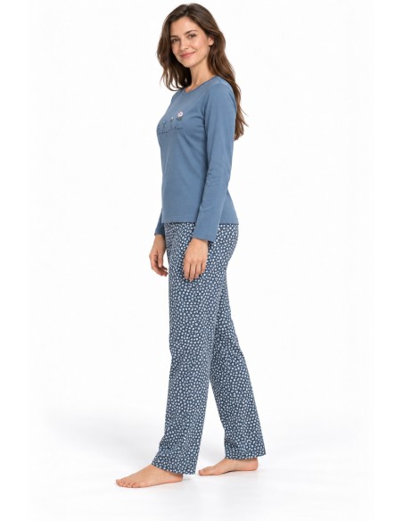Pijama dama albastra cu bluza cu maneci lungi, vedere laterala