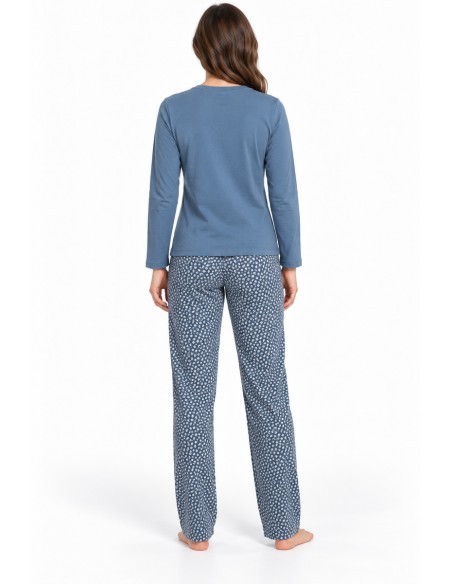 Pijama dama albastra cu pantaloni imprimati, vedere spate
