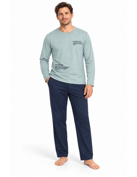 Pijama barbati Vienetta 100% bumbac cu bluza verde si pantaloni bleumarin